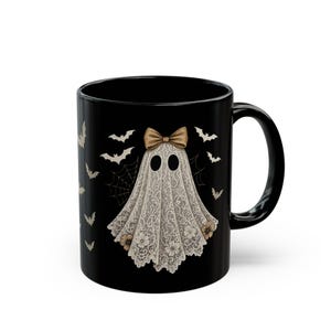 Cute Lace Ghost Coffee Mug - Vintage Halloween Bats Mug, Coquette Bow Ghost Teacup, Spooky Girly Black Mug Gift image 5