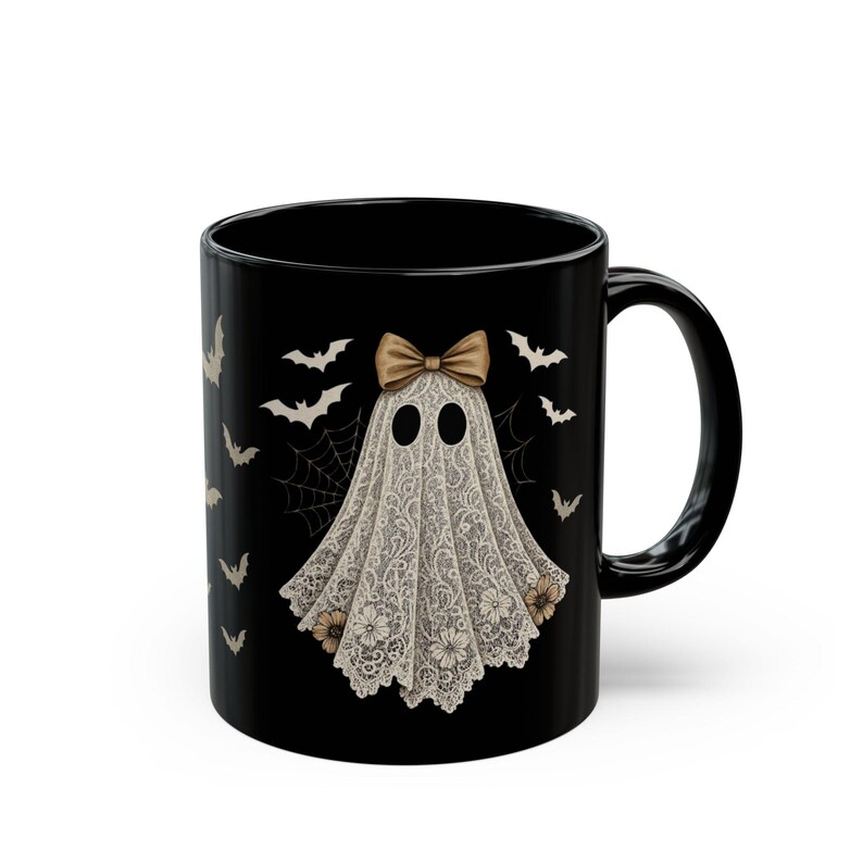 Cute Lace Ghost Coffee Mug - Vintage Halloween Bats Mug, Coquette Bow Ghost Teacup, Spooky Girly Black Mug Gift image 5