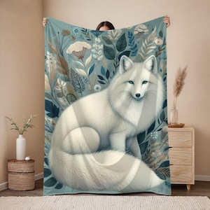 Arctic Fox Velveteen Plush Blanket William Morris Inspired Vintage Style Throw Blanket Soft Velveteen White Fox Blanket Gift for Her