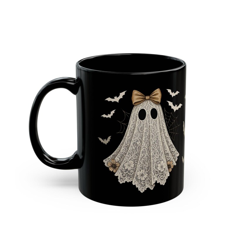 Cute Lace Ghost Coffee Mug - Vintage Halloween Bats Mug, Coquette Bow Ghost Teacup, Spooky Girly Black Mug Gift image 3