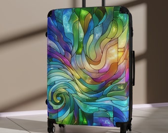 Regenbogen-Buntglas-Koffer, Rollgepäck, Hartschalen-Koffer mit Rollen, farbenfroher abstrakter Kunstkoffer, Handgepäck, Geschenk für Sie