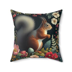 Almohada de ardilla del bosque, cojín inspirado en William Morris, almohada decorativa, ardilla gris y flores, decoración retro para el hogar, regalo con INSERTO INCLUIDO