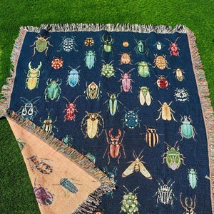 Kleurrijke kevers geweven deken - 100% katoen, vintage insecten woondecoratie, cottagecore geweven keversdeken, insecten wandtapijt, cadeau voor insectenliefhebbers