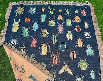 Manta tejida de escarabajos coloridos, 100 % algodón, estilo vintage, decoración del hogar, estilo cottagecore, tapiz de pared con insectos, regalo para amantes de los insectos.