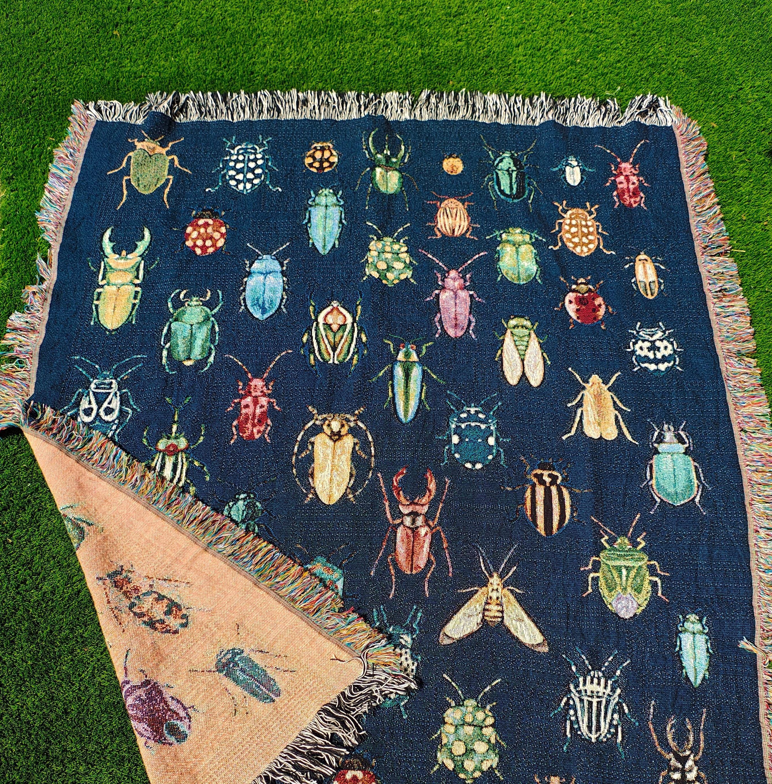 Insect Pattern Throw Colorful Beetles Woven Blanket 100% Cotton Rug Vintage Bugs Home Decor ...