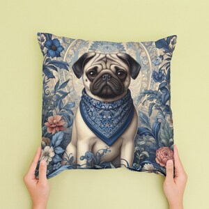 Bonita almohada de Pug inspirada en William Morris, cojín con diseño de perro, decoración retro con motivos florales azules, estilo Cottagecore, regalo para el hogar, INSERTO INCLUIDO