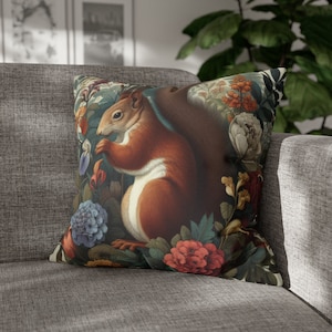 Funda de almohada con diseño de ardilla roja inspirada en William Morris, funda de almohada con diseño de ardilla del bosque, decoración floral vintage para el hogar, regalo (REJILLA NO INCLUIDA)