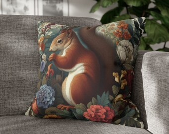 Red Squirrel Pillowcase William Morris Inspired Forest Squirrel Throw Pillow Cover Vintage Floral Home Decor Pillow Gift INSERT NOT INCLUDED