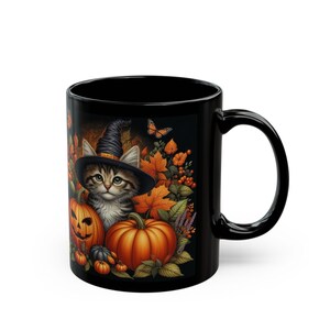 Cute Halloween Mug Kitten and Pumpkin Black Coffee Mug Halloween Cat Mug Gift For Her Him Fall Cottagecore Teacup Witchy Cat Ceramic Mug image 6