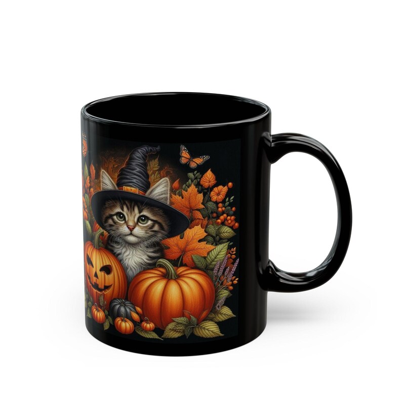 Cute Halloween Mug Kitten and Pumpkin Black Coffee Mug Halloween Cat Mug Gift For Her Him Fall Cottagecore Teacup Witchy Cat Ceramic Mug image 6