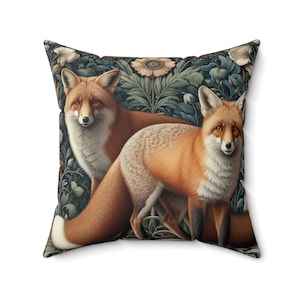 Two Foxes Pillow William Morris Inspired Forest Fox and Flowers Throw Pillow Rustic Home Decor Cottagecore Vintage Gift INSERT INCLUDED