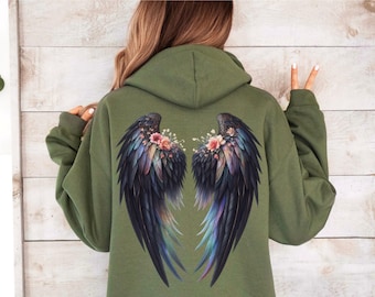 Black Angel Wings Hoodie Floral Wings Hooded Sweatshirt Fallen Angel Back Print Sweater Dark Academia Hoodie Gothic Wings Pullover Goth Gift