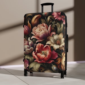 Maleta con ruedas Vintage Tulips Luggage Maleta rígida con ruedas Estampado de flores Maleta de viaje de lujo Regalo para ella imagen 1