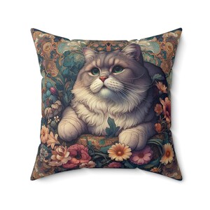 Grey Cat Pillow William Morris Inspired Cushion Cat in The Garden Throw Pillow Retro Floral Cottagecore Home Decor Gift INSERT INCLUDED