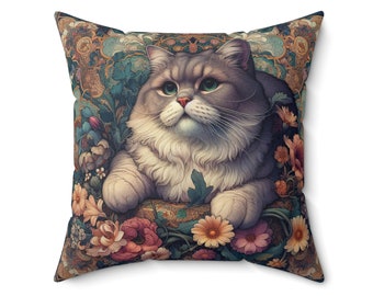 Grey Cat Pillow William Morris Inspired Cushion Cat in The Garden Throw Pillow Retro Floral Cottagecore Home Decor Gift INSERT INCLUDED