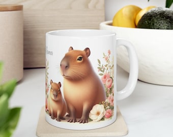 Happy Mama Capybara Mug Capybara maman et bébé Mug en céramique pour amoureux des animaux, cadeau pour elle, famille Capybara, tasse à thé drôle, tasse 11 oz