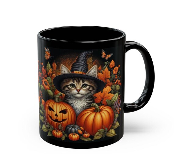 Cute Halloween Mug Kitten and Pumpkin Black Coffee Mug Halloween Cat Mug Gift For Her Him Fall  Cottagecore Teacup Witchy Cat Ceramic Mug