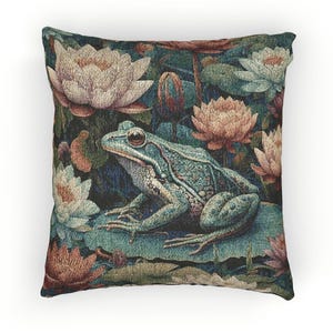 Frog & Waterlilies Woven Pillow Morris Inspired Cottagecore Cushion Floral Frog Home Decor Cotton Blend Tapestry Pillow Frog Lover Gift