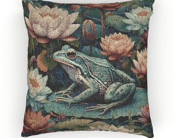 Frog & Waterlilies Woven Pillow Morris Inspired Cottagecore Cushion Floral Frog Home Decor Cotton Blend Tapestry Pillow Frog Lover Gift