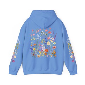 Wildflowers & Bees Hoodie Boho Floral Hoodie Botanical Cottagecore Hooded Sweatshirt Printed Sleeves Hoodie Flower Sweater Bee Gift for Her Carolina Blue