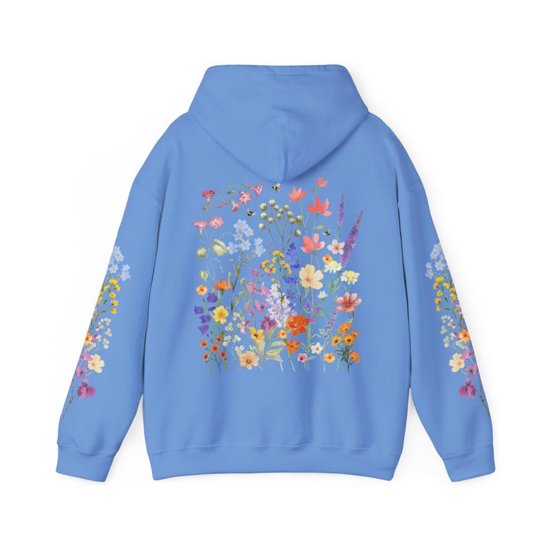 Wildflowers & Bees Hoodie Boho Floral Hoodie Botanical Cottagecore Hooded Sweatshirt Printed Sleeves Hoodie Flower Sweater Bee Gift for Her Carolina Blue