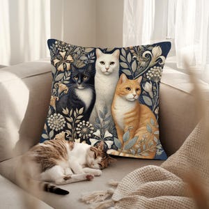 Cats in the Garden Woven Pillow Morris Inspired Cottagecore Tapestry Pillow Cats Cotton Blend Cushion Cats & Flowers Decor Cat Lover Gift