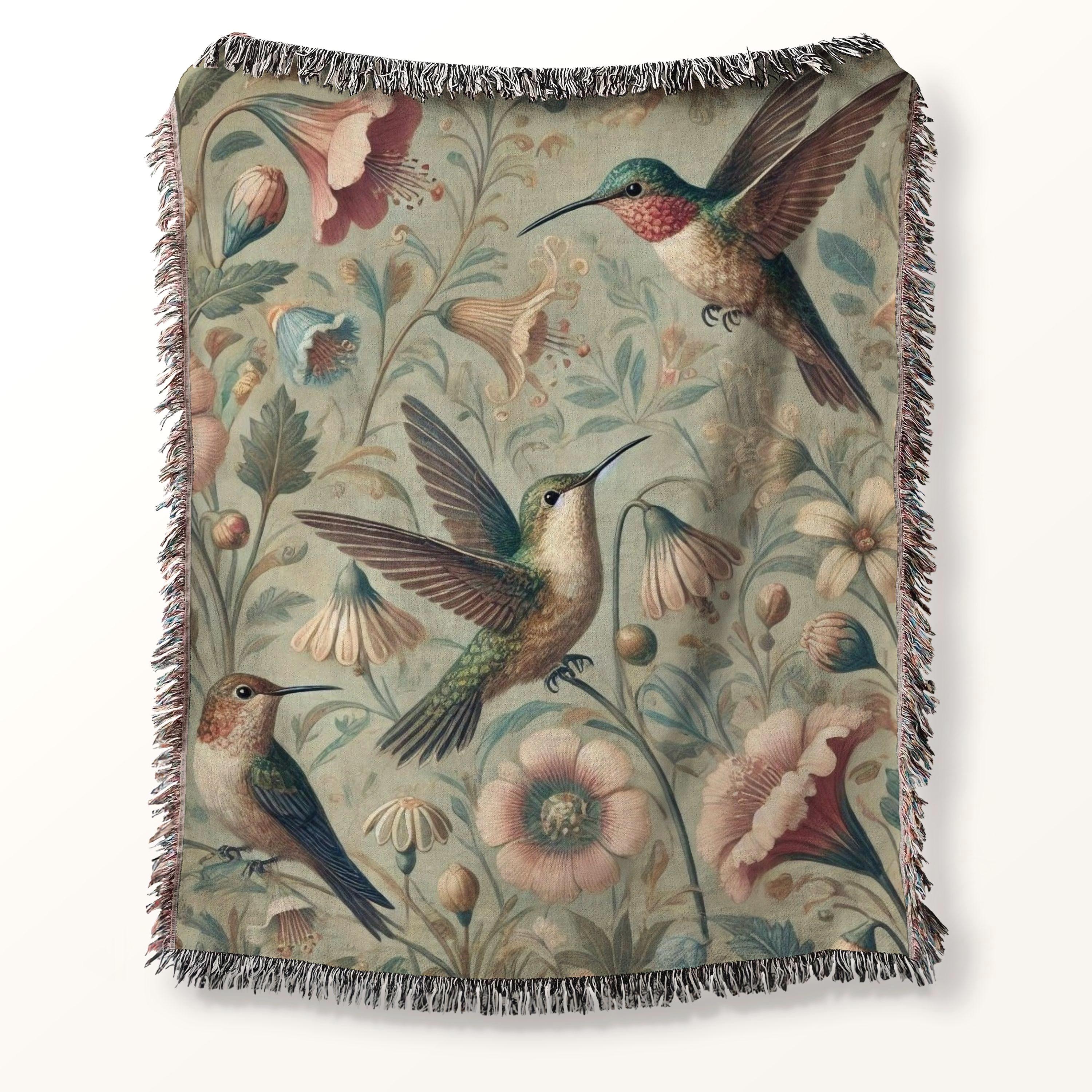 Hummingbirds Woven Blanket - William Morris Inspired 100% Cotton