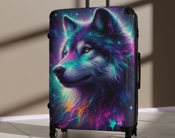 Neon Wolf Suitcase Rolling Luggage Hard Shell Suitcase With Wheels Modern Art Wolf Painting Luxury Travel Bag Colorful Wolf Gift for Him