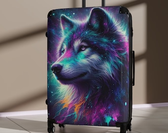 Neon Wolf Suitcase Rolling Luggage Hard Shell Suitcase With Wheels Modern Art Wolf Painting Luxury Travel Bag Colorful Wolf Gift for Him
