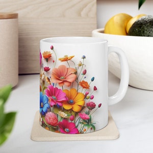 Floral Coffee Mug 3D Flowers Illusion Mug Botanical Cottagecore Teacup Colorful Wildflowers Ceramic Mug 11oz or 15 oz Mothers Day Gift Mug