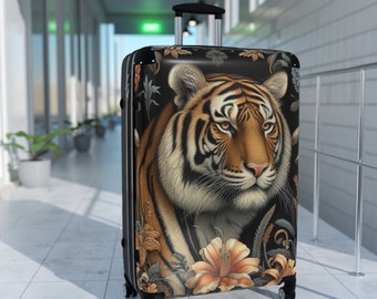 Tijgerkoffer rolbagage harde koffer met wielen William Morris vintage bloemen en tijger luxe reistas cadeau voor haar hem