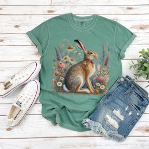 Whimsical Hare T-Shirt Floral Cottagecore Shirt Comfort Colors Shirt Rabbit and Wildflowers Shirt Boho Vintage Bunny With a Bow T-shirt