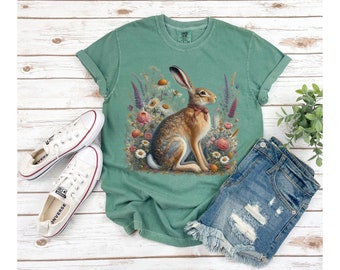 Whimsical Hare T-Shirt Floral Cottagecore Shirt Comfort Colors Shirt Rabbit and Wildflowers Shirt Boho Vintage Bunny With a Bow T-shirt