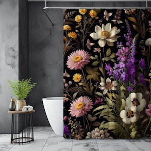 Dark Floral Shower Curtain Moody Wildflowers Bathroom Decor Black Botanical Bath Curtain Dark Academia Vintage Cottagecore Housewarming Gift