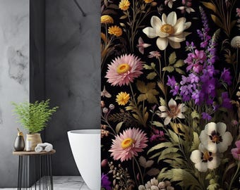 Dark Floral Shower Curtain Moody Wildflowers Bathroom Decor Black Botanical Bath Curtain Dark Academia Vintage Cottagecore Housewarming Gift
