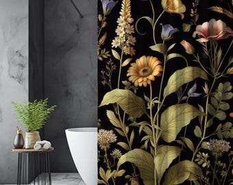 Dark Botanical Shower Curtain Moody Wildflowers Bathroom Dark Cottagecore Decor Black Floral Curtain Dark Academia Vintage Housewarming Gift