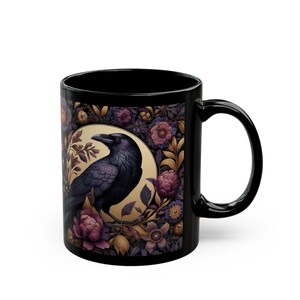 Floral Raven Black Coffee Mug - William Morris Inspired Goth Crow Art Mug, Dark Academia Bird Kitchen Decor image 5