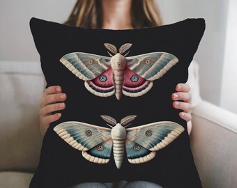Blue and Pink Moths Woven Pillow Boho Butterfly Home Decor Cotton Blend Large Moth Cushion Vintage Style Moth Throw Pillow Housewarming Gift