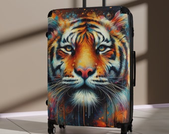 Tigergesichts-Koffer, Rollgepäck, Hartschalen-Koffer mit Rollen, moderne Kunst, Tiger-Gemälde, luxuriöse Reisetasche, bunter Tiger, Geschenk für ihn