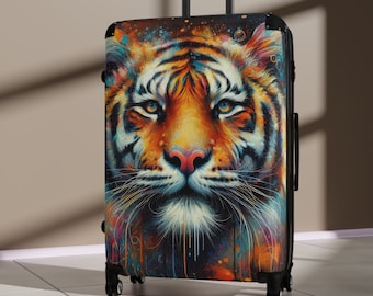 Tijgergezicht koffer rollende bagage harde koffer met wielen moderne kunst tijger schilderij luxe reistas kleurrijke tijger cadeau voor hem