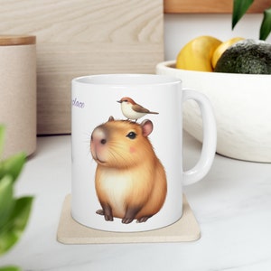 Cute Capybara Mug Capybara & Bird Ceramic Coffee Mug Animal Lover Gift For Her Him Giant Guinea Pig TeaCup Funny Mug 11oz
