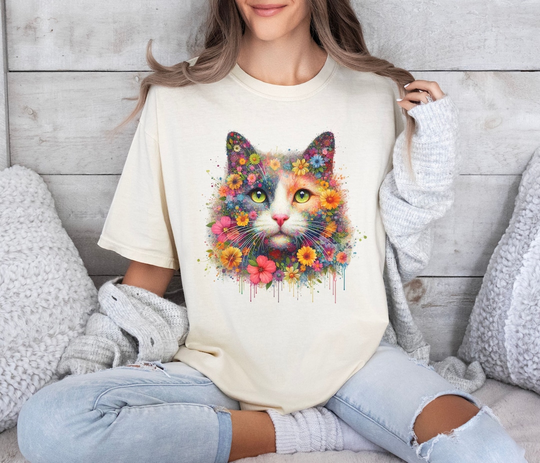 花柄猫シャツ 水彩猫Tシャツ 快適な色彩 ガーメントダイフラワー猫