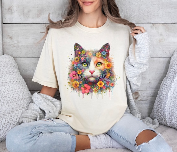 花柄猫シャツ 水彩猫Tシャツ 快適な色彩 ガーメントダイフラワー猫