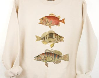 Retro Fish Sweatshirt Fisherman Aesthetic Pullover Vintage Fish Illustration Three Fish Sweater Ocean Fish Unisex Crewneck Fishing Gift Top
