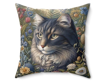 Grey Tabby Cat Pillow William Morris Inspired Cushion Cat in The Garden Throw Pillow Retro Floral Cottage Home Decor Gift INSERT INCLUDED