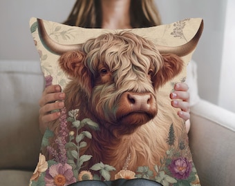 Highland Cow Woven Pillow William Morris Inspired Cottagecore Pillow Floral Cow Home Decor Cotton Blend Cushion Scottish Cow Lover Gift
