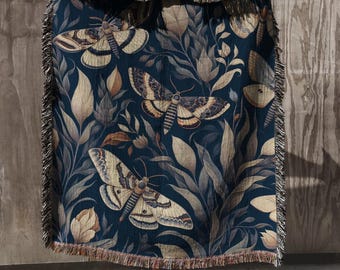 Floral Moths Woven Blanket - 100% Cotton Throw Vintage Moth Home Decor, Morris Style Butterflies  Tapestry, Dark Cottagecore Blanket Gift
