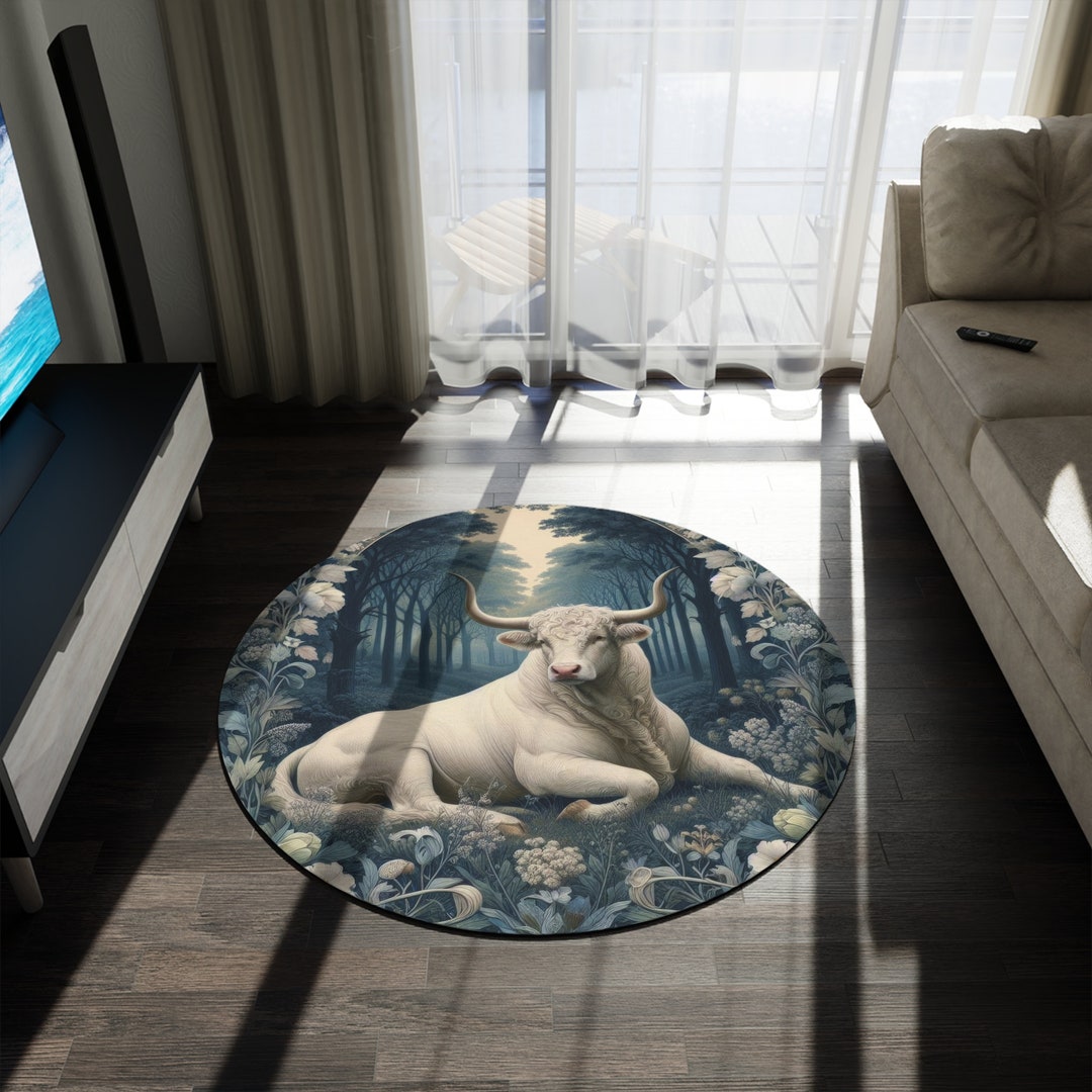 White Bull Round Floor Rug - William Morris Inspired Vintage Floral ...