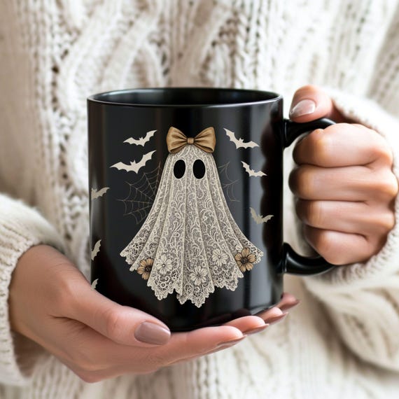 Cute Lace Ghost Coffee Mug - Vintage Halloween Bats Mug, Coquette Bow Ghost Teacup, Spooky Girly Black Mug Gift