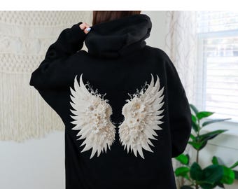 Floral Angel Wings Hoodie White Wings Hooded Sweatshirt Guardian Angel Back Print Sweater Light Academia Hoodie Unique Flower Wings Hoodie